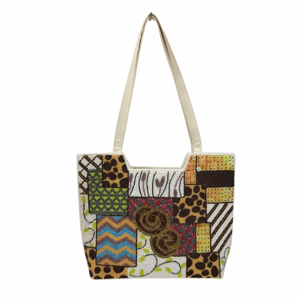 VTG 90s Y2K Beaded Patchwork Shoulder Bag Tote Animal Print Chevron Boho Artsy